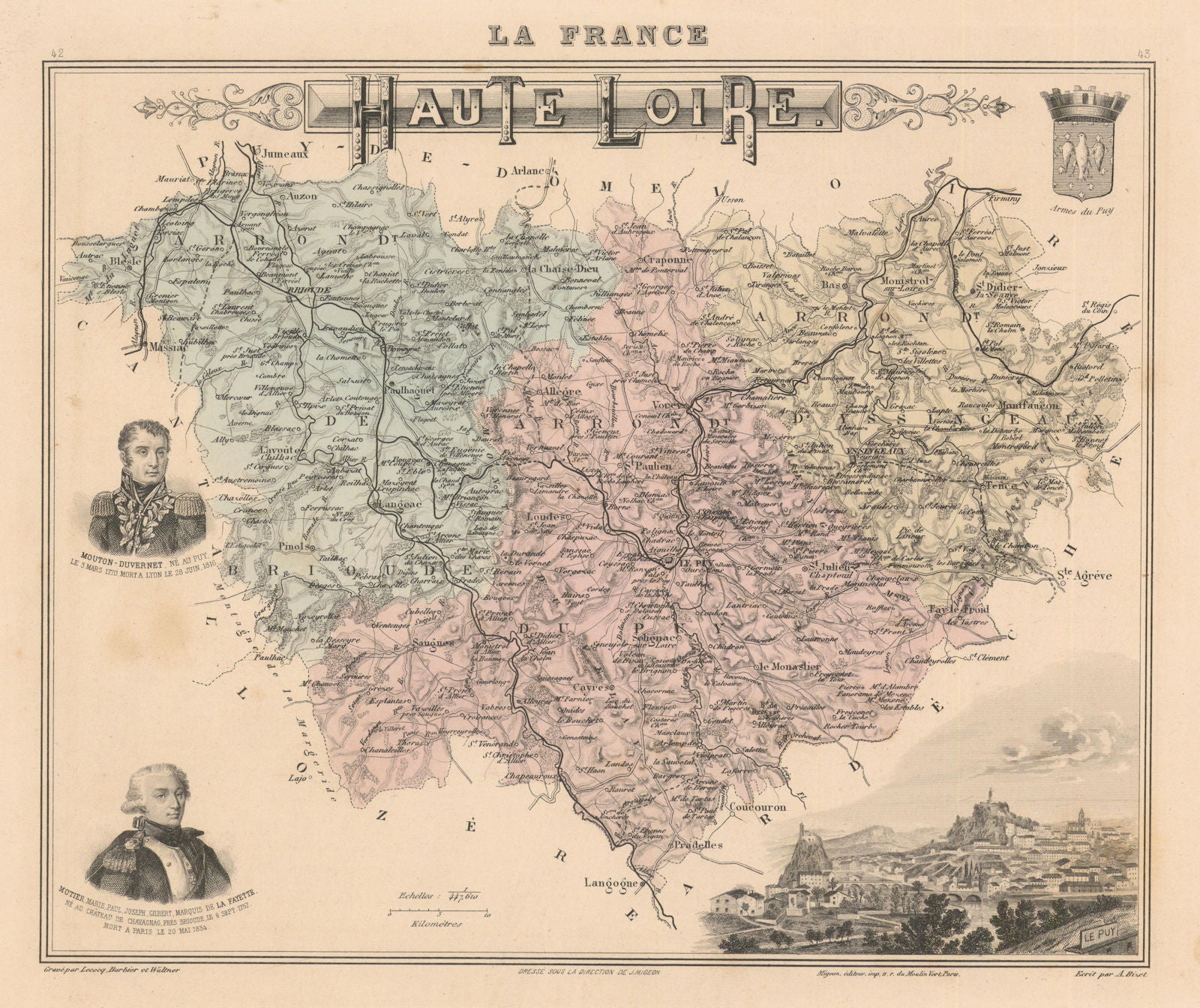 Haute-Loire département. Le Puy-en-Velay. Vuillemin 1890 old antique map chart